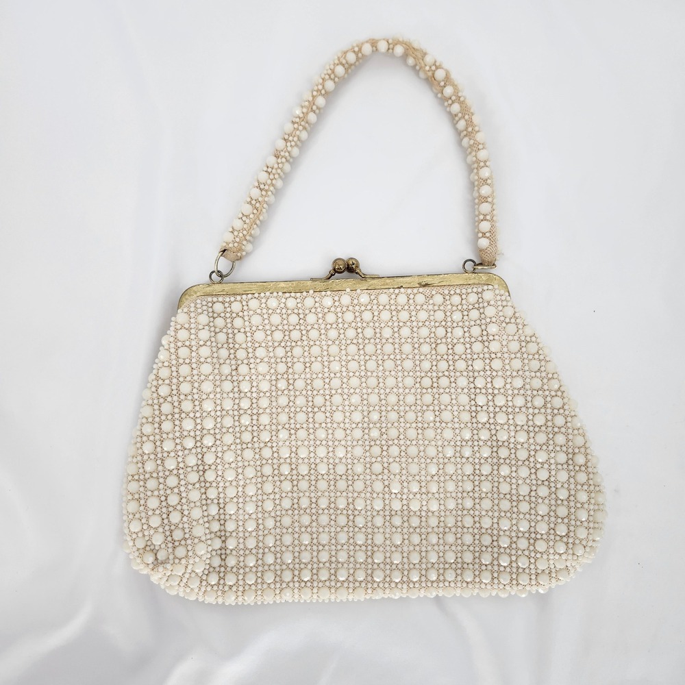 Vintage Cream Beaded Handbag Womens Retro Kiss Lock Ladylike Evening Elegant